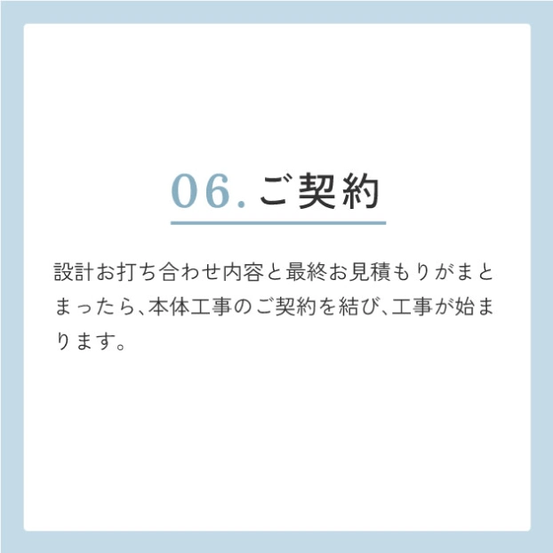 06.ご契約　設計お打ち合わせ内容と最終お見積もりがまとまったら、本体工事のご契約を結び、工事が始まります。